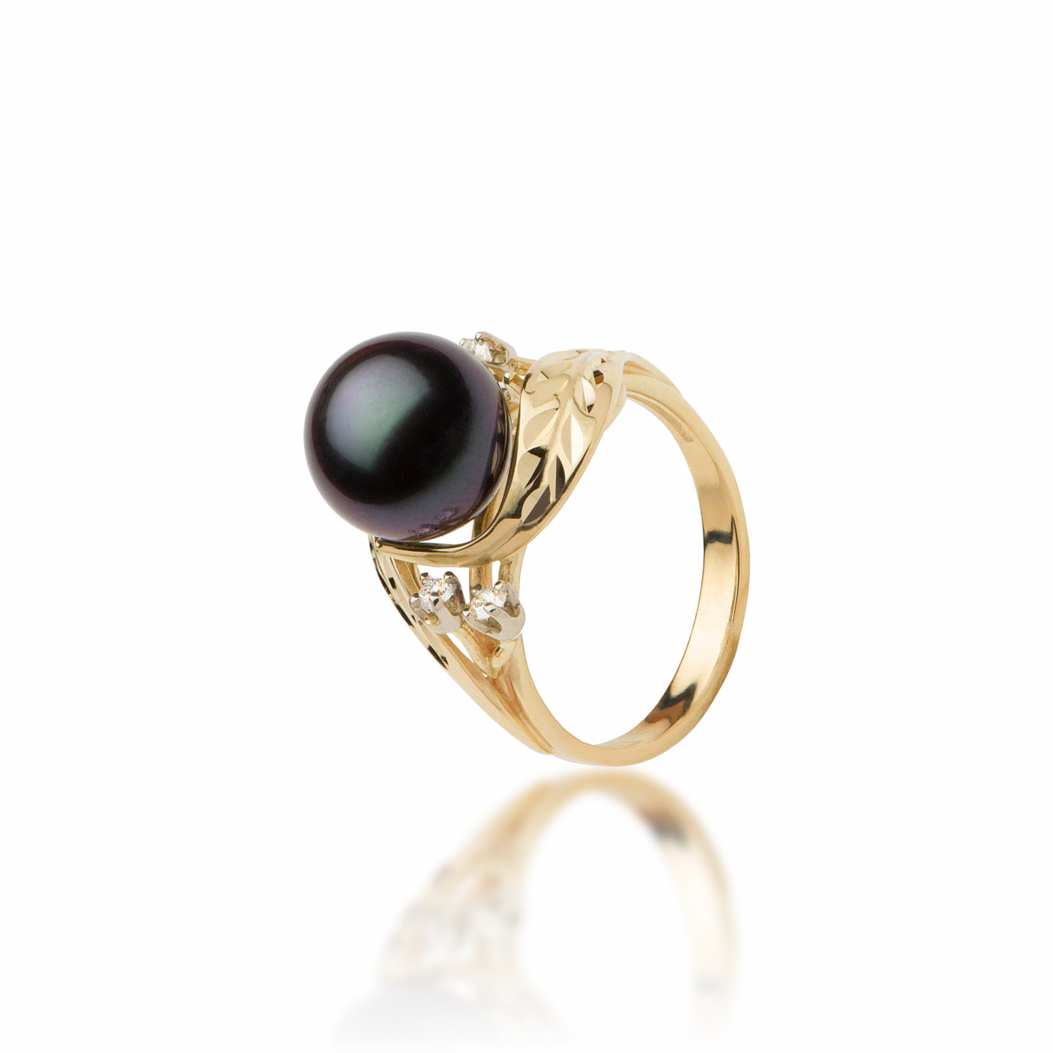Sparkle Focus Maile Tahitian Black Pearl Ring in Gold with Diamonds - 9-10mm