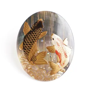 Maki-e Urushi Lacquer Brooch - Black Lip Oyster Pearl Shell / Carp -, Traditional Japanese Urushi Lacquer Jewelry