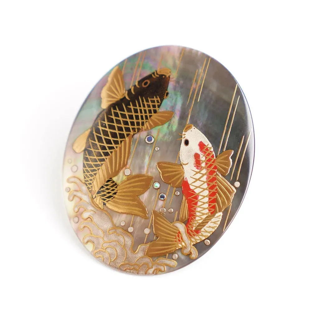 Maki-e Urushi Lacquer Brooch - Black Lip Oyster Pearl Shell / Carp -, Traditional Japanese Urushi Lacquer Jewelry