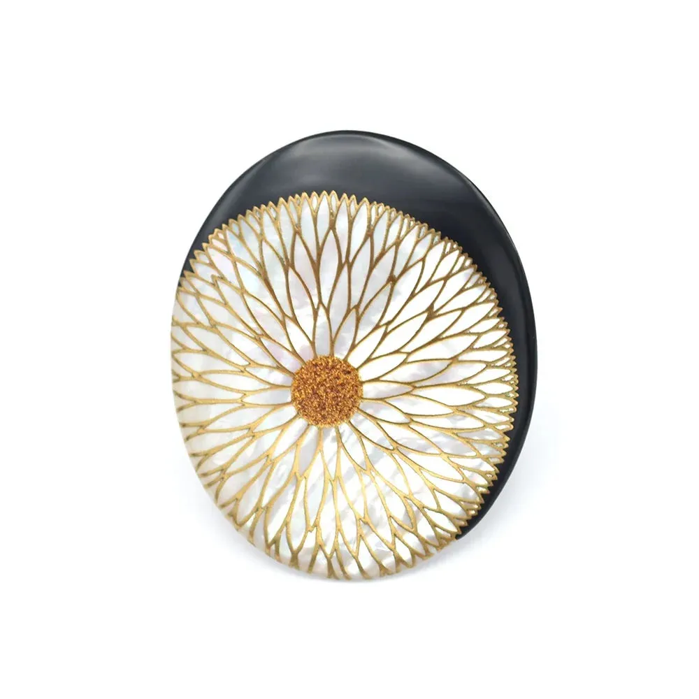 Maki-e Urushi Lacquer Brooch - White South Sea Pearl Shell / Chrysanthemum  -, Traditional Japanese Urushi Lacquer Jewelry