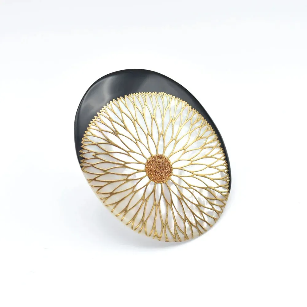 Maki-e Urushi Lacquer Brooch - White South Sea Pearl Shell / Chrysanthemum  -, Traditional Japanese Urushi Lacquer Jewelry