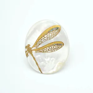 Maki-e Urushi Lacquer Brooch - White South Sea Pearl Shell / Dragonfly -, Traditional Japanese Urushi Lacquer Jewelry