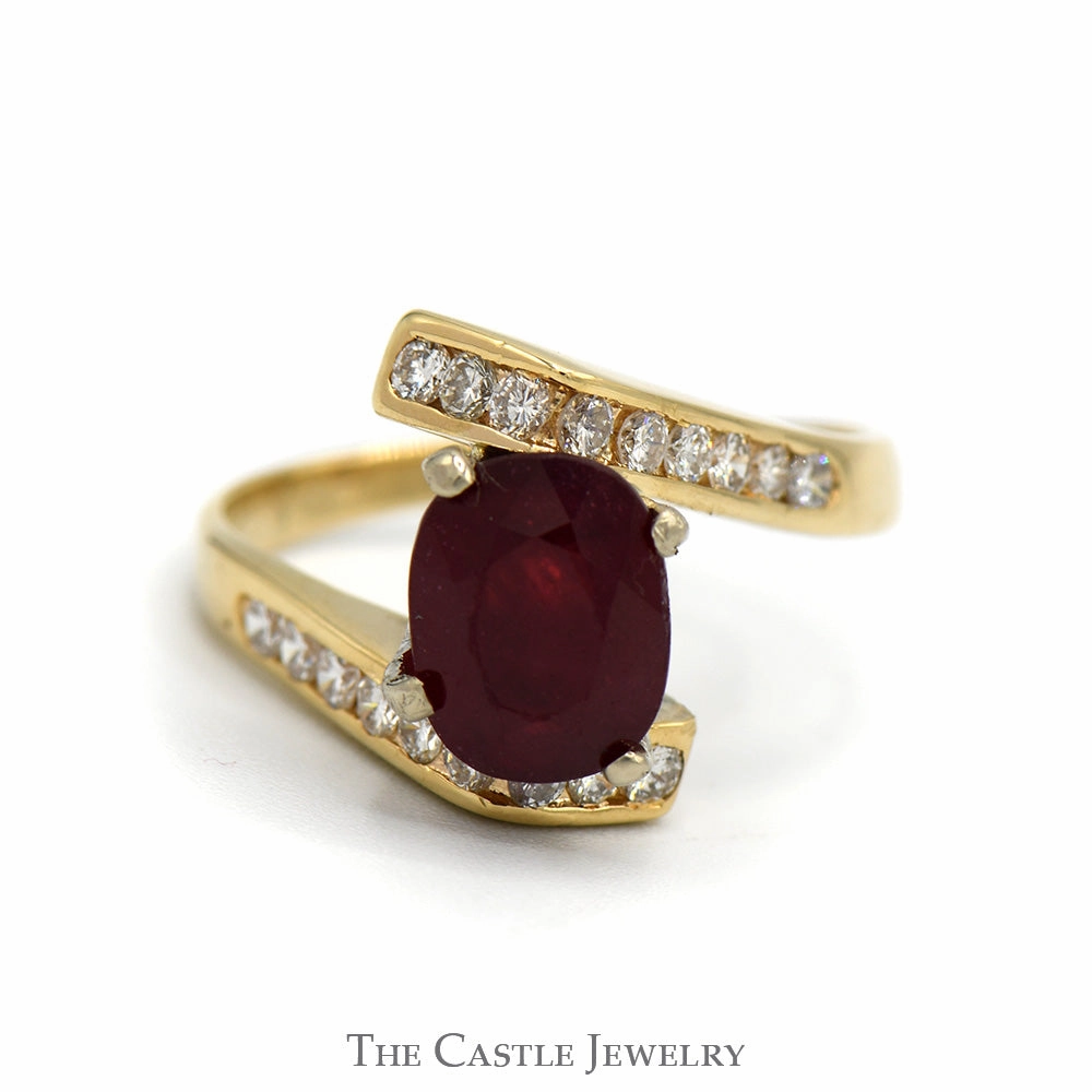 Oval Ruby Ring with Channel Set Diamond Accented Bypass Setting in 14k Yellow Gold Beautiful Statement