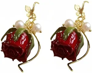 Mareclat Red Rose Resin Earrings for Women Handmade Dried Flower Jewelry Gift for Her Birthday Rose Gold Dangle Earrings Hypoallergenic Lightweight