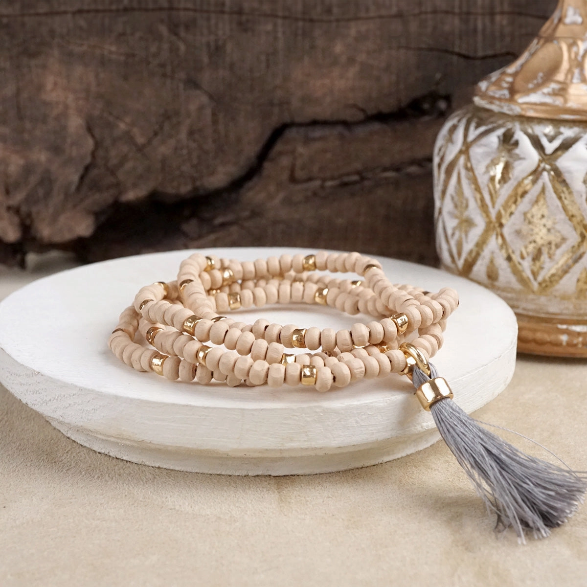 Boho Brights ?C Set of 4 Stretchy Wooden Bead Bracelets with Tassel Positive Combinations Laser Cutouts