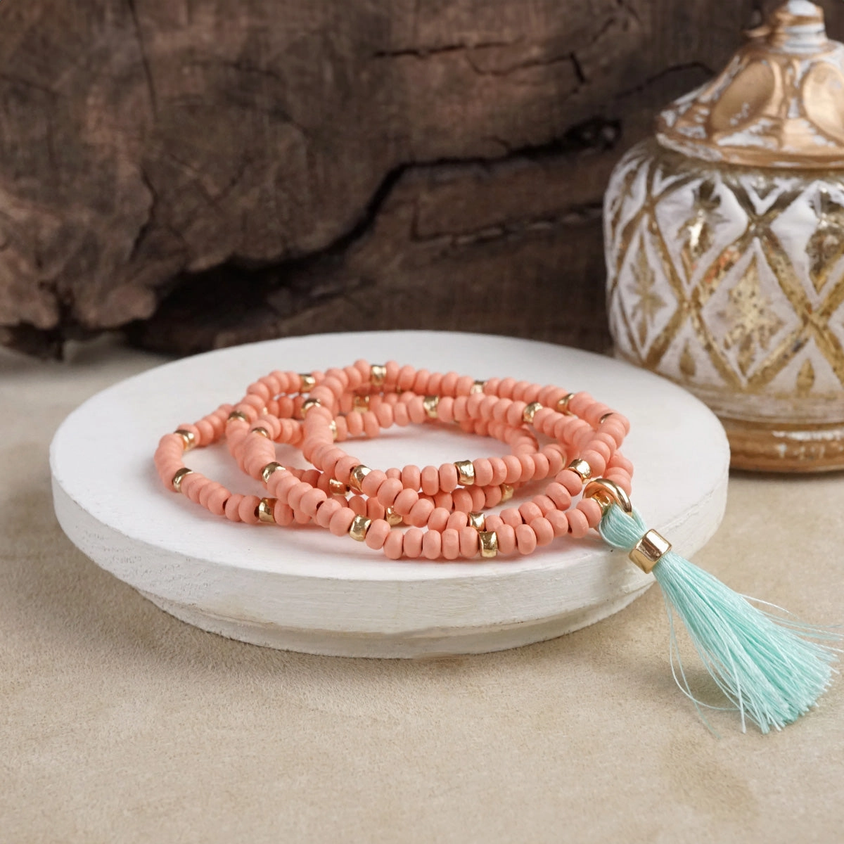 Celestial Blends Boho Brights ?C Set of 4 Stretchy Wooden Bead Bracelets with Tassel