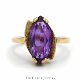 Simple Work Marquise Cut Amethyst Ring with Brushed Bypass Design in 10k Yellow Gold