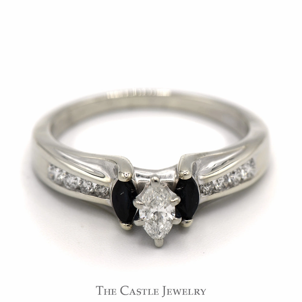 Timeless Work Marquise Cut Diamond & Sapphire Three Stone Engagement Ring with Channel Set Accents in 10k White Gold