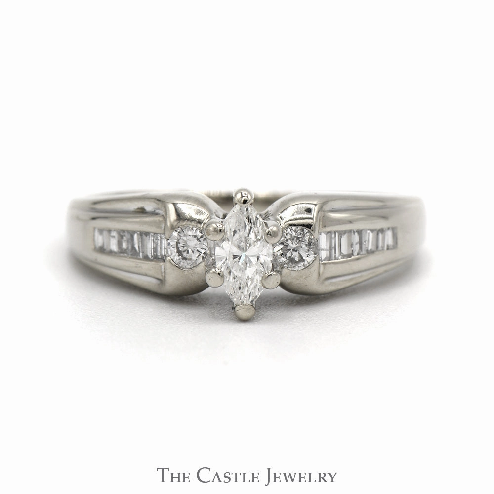 Marquise Cut Diamond Engagement Ring with Round and Baguette Diamond Accents in 14k White Gold Delicate Article Fresh Style