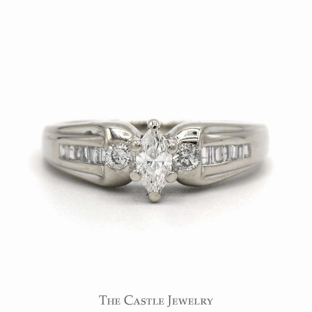 Marquise Cut Diamond Engagement Ring with Round and Baguette Diamond Accents in 14k White Gold Local Craft Manufactured Product