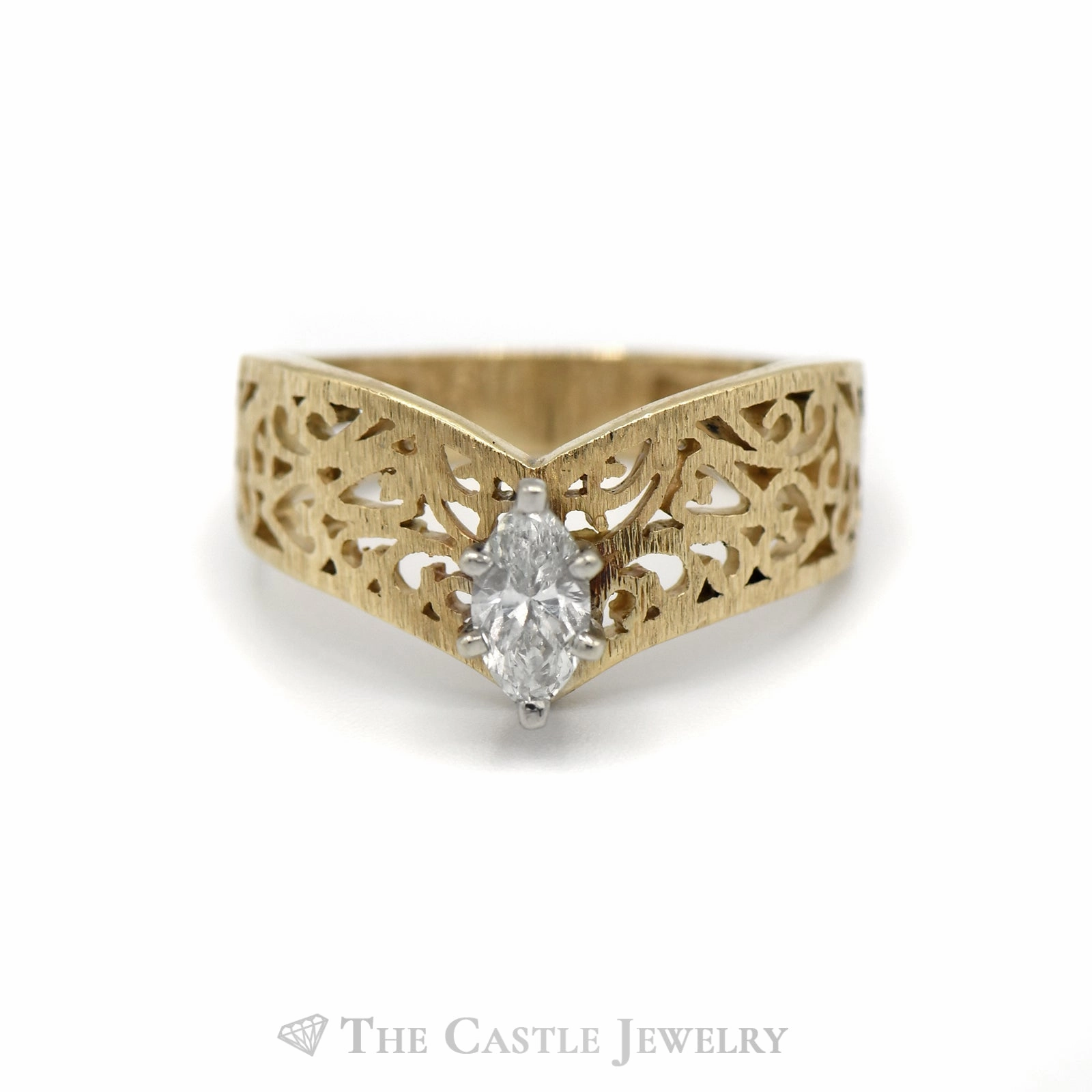 Organic Material Smart Accessory Marquise Cut Diamond Solitaire "V" Shaped Filigree Designed Engagement Ring