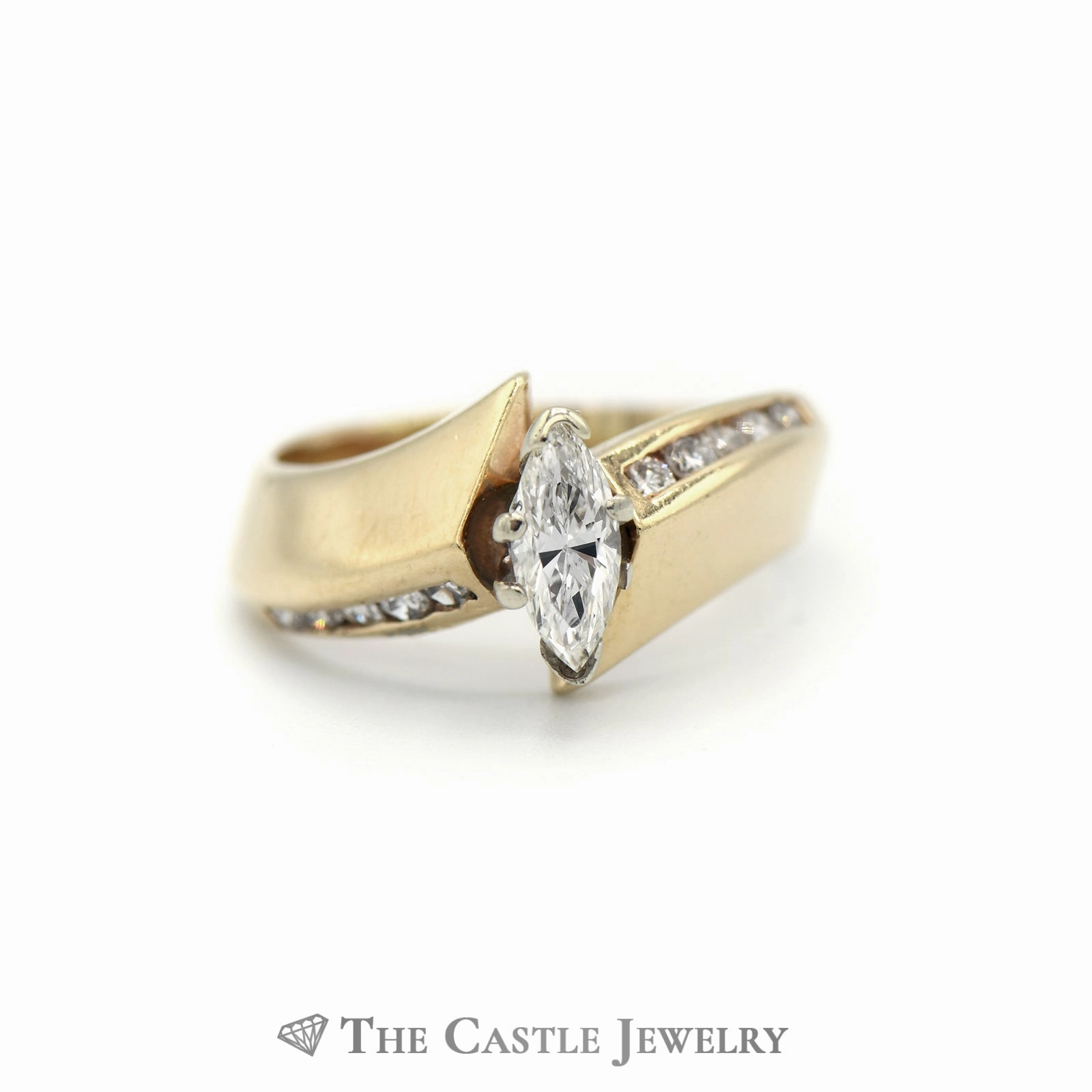 Glamorous Decoration Marquise Cut Diamond Solitaire with Diamond Accents in 14KT Yellow Gold