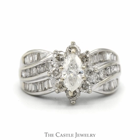 Marquise Cut Diamond Solitaire with Diamond Halo and Baguette Diamond Accented Sides in 14k White Gold Simple Sign