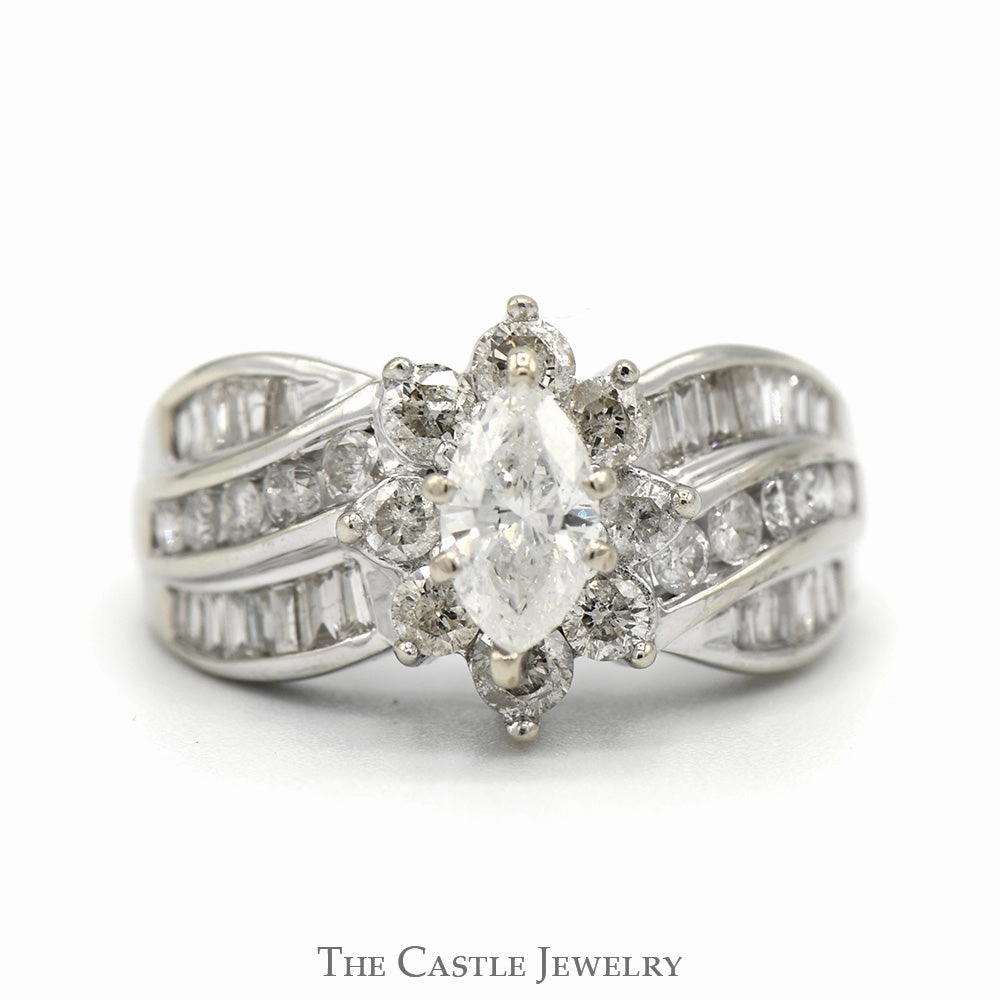 Marquise Cut Diamond Solitaire with Diamond Halo and Baguette Diamond Accented Sides in 14k White Gold Simple Sign