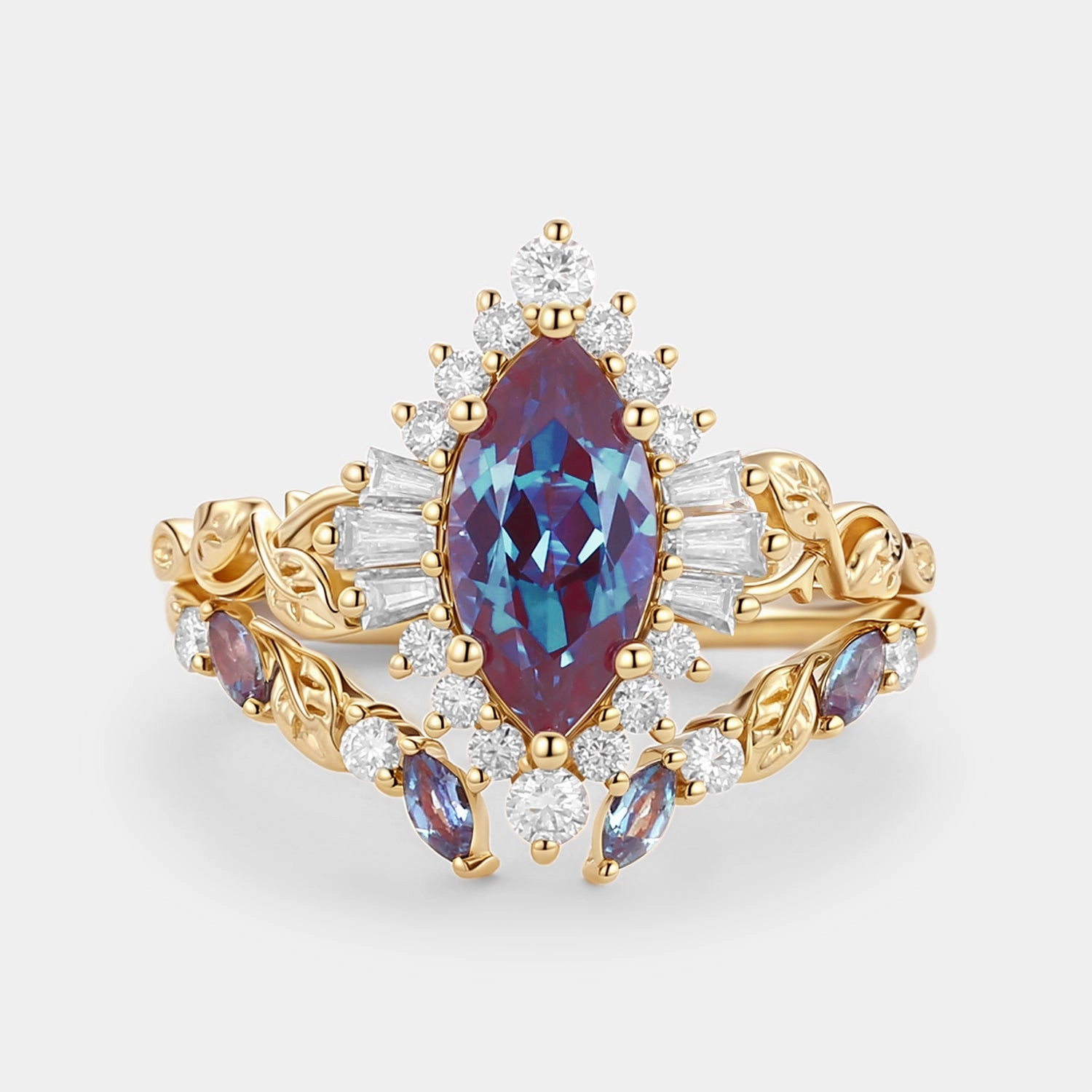 Marquise Cut Lab Alexandrite Leafy Engagement Ring Sets 2pcs - Thorn Luxury Charm