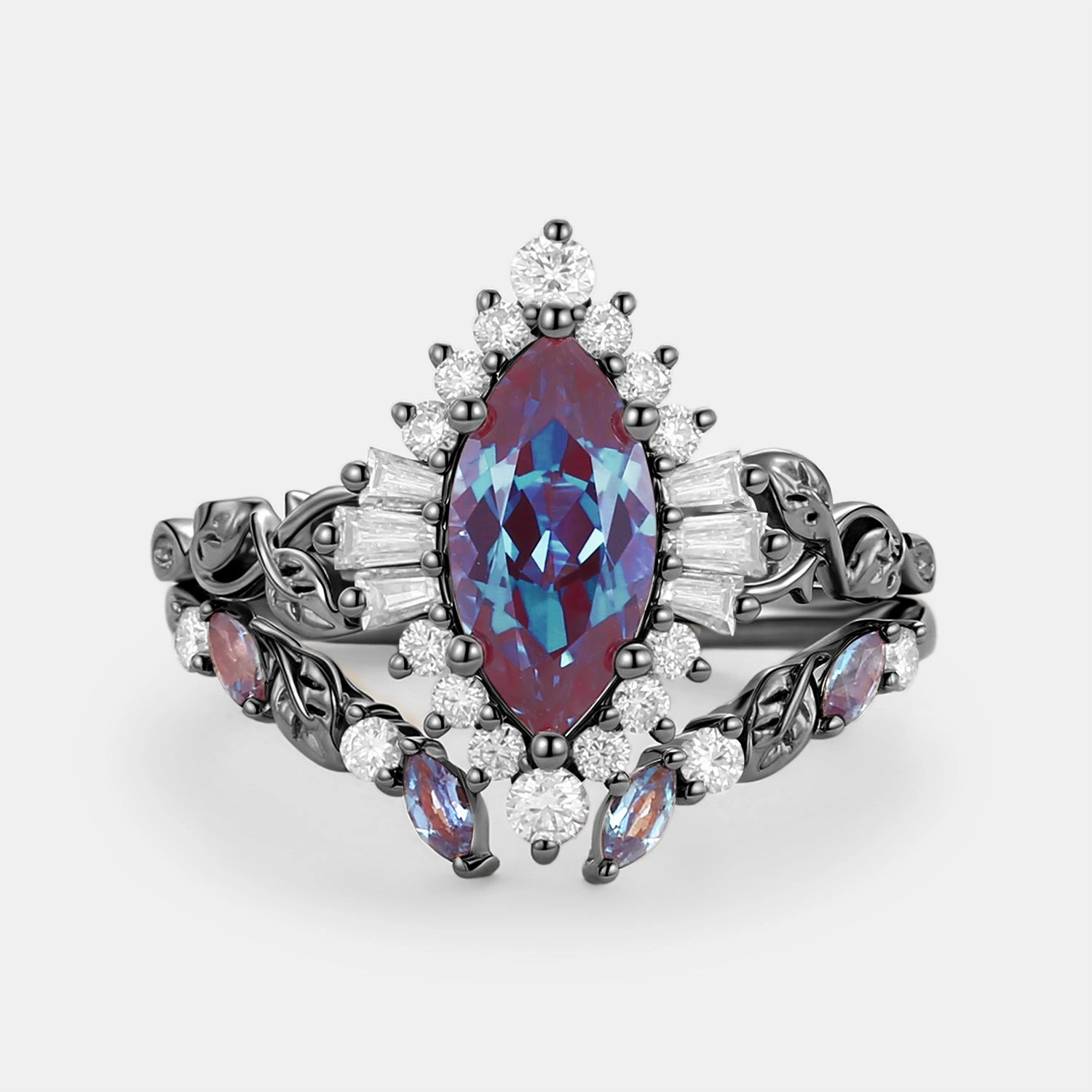 Contemporary Look Marquise Cut Lab Alexandrite Leafy Engagement Ring Sets 2pcs - Thorn