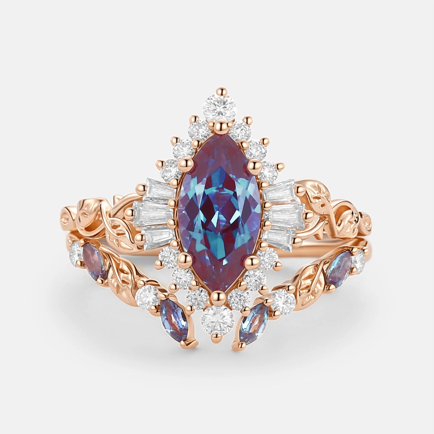 Charming Accessories Shiny Texture Marquise Cut Lab Alexandrite Leafy Engagement Ring Sets 2pcs - Thorn