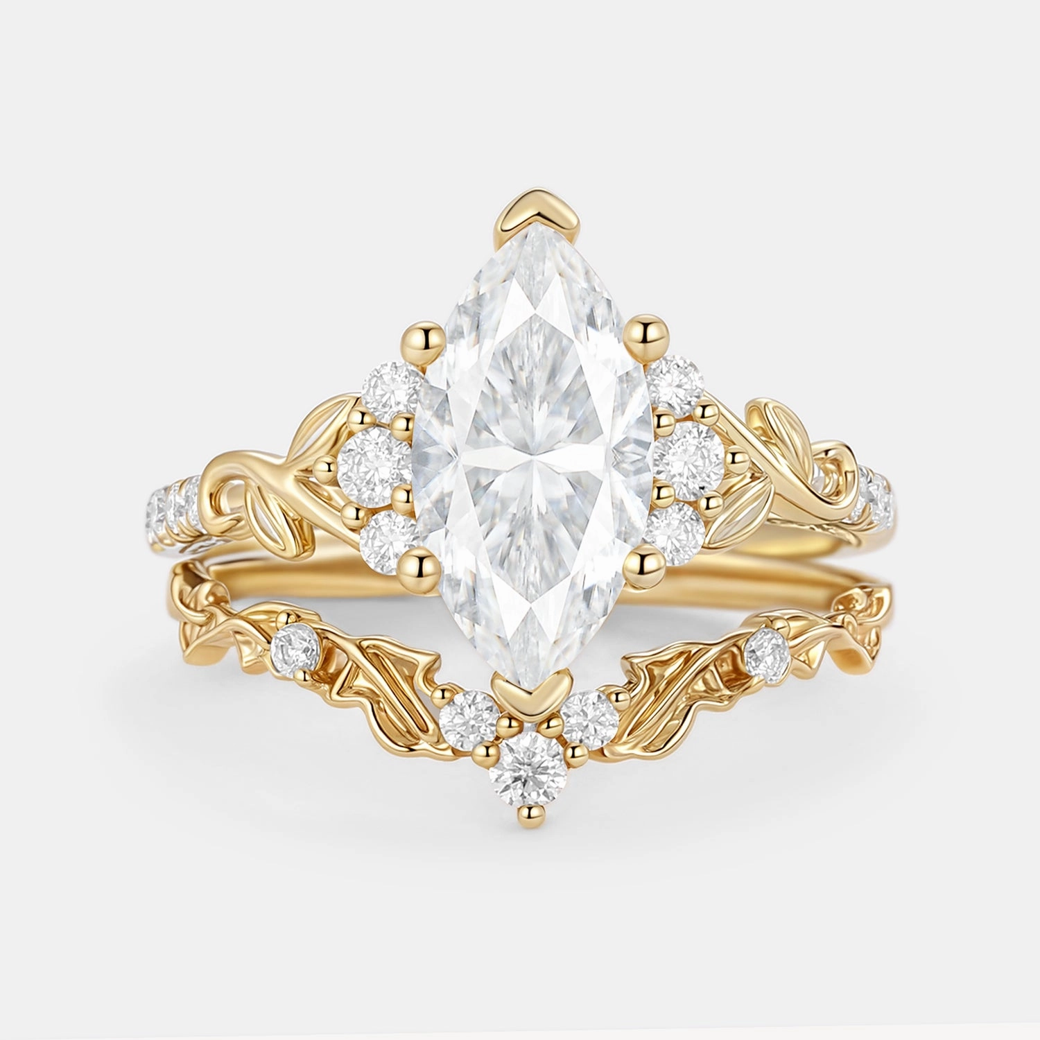 Stylish Accessory Marquise Cut Lab Emerald Leafy Engagement Ring Sets 2pcs