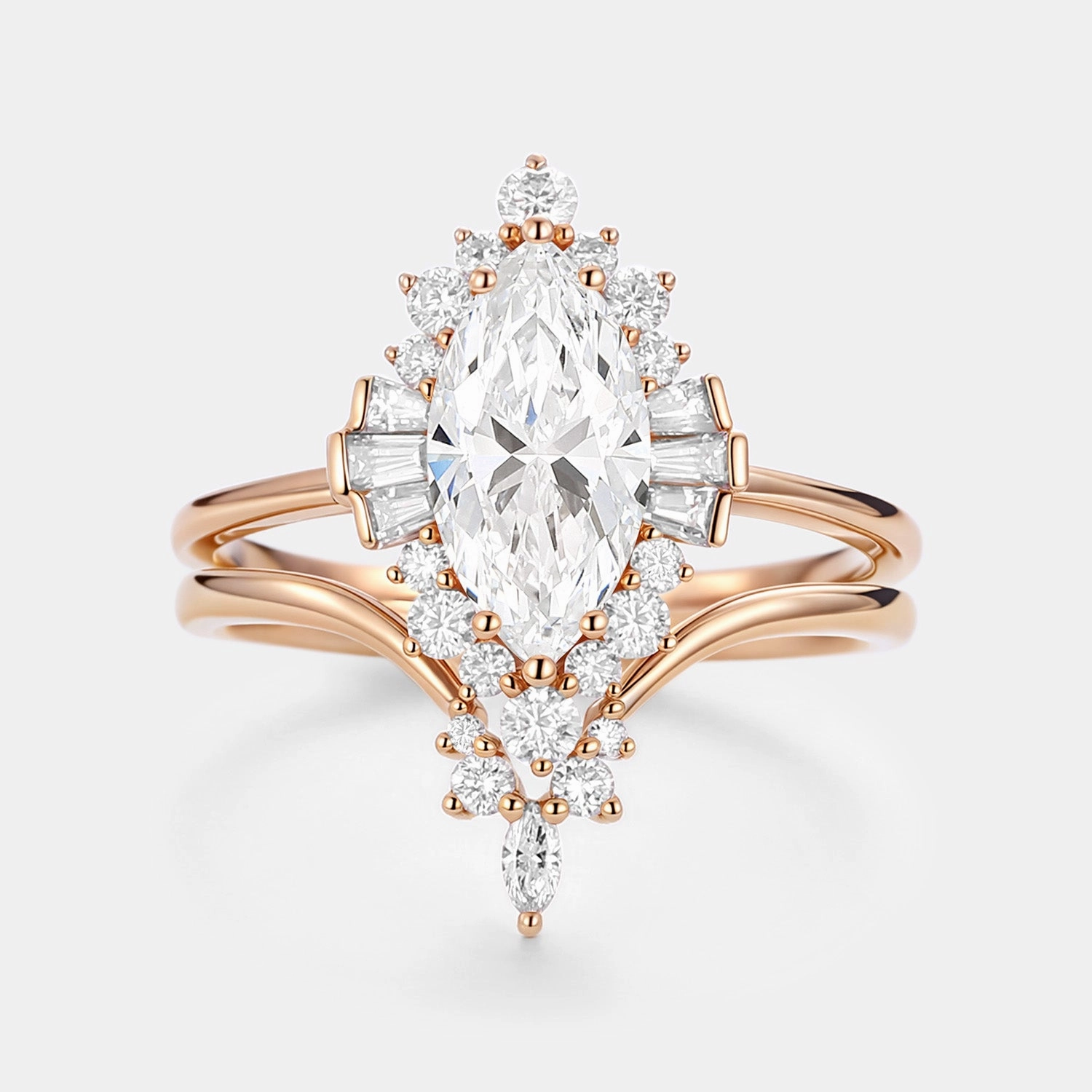 Marquise Cut Lab Grown Diamond Art Deco Engagement Ring Sets 2pcs Handcrafted Jewelry Finish