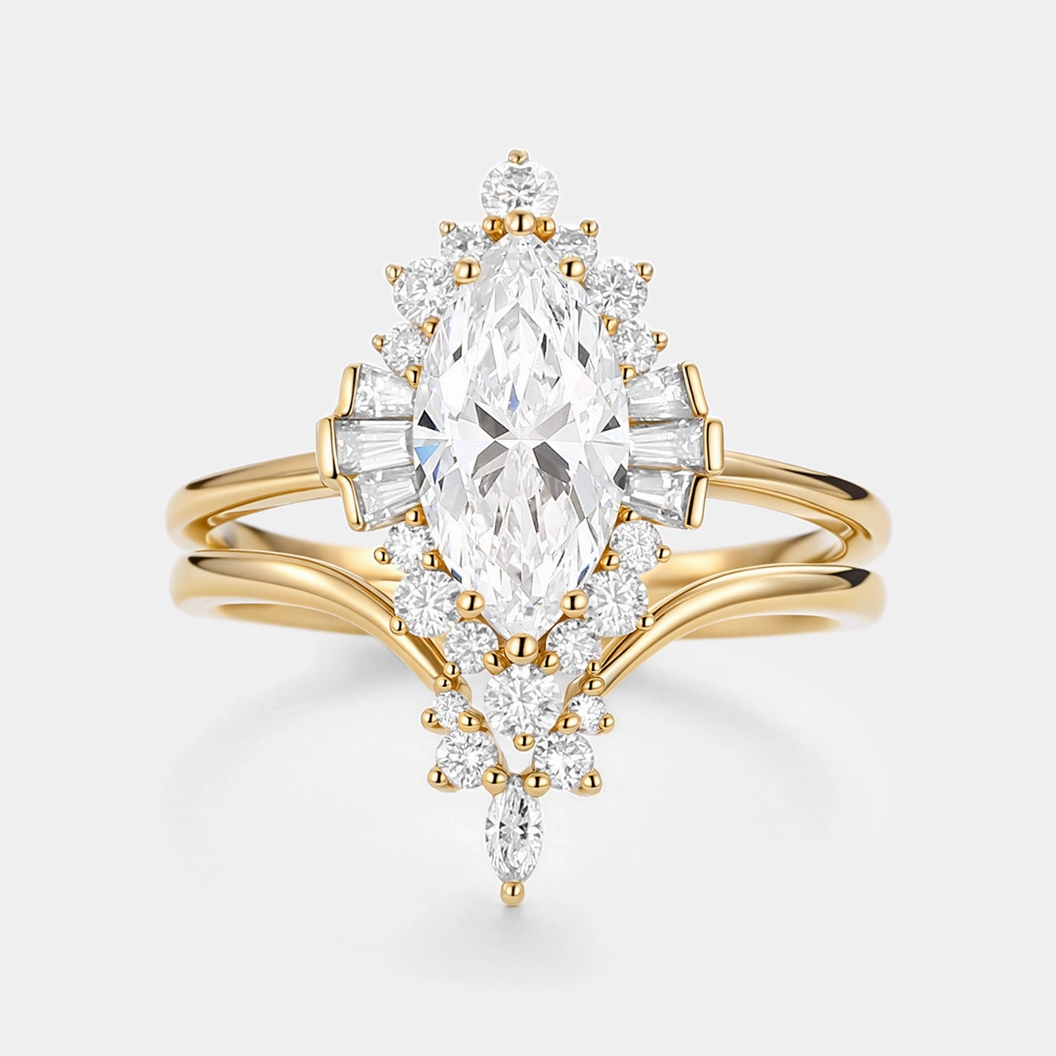 Marquise Cut Lab Grown Diamond Art Deco Engagement Ring Sets 2pcs Bold Fashion