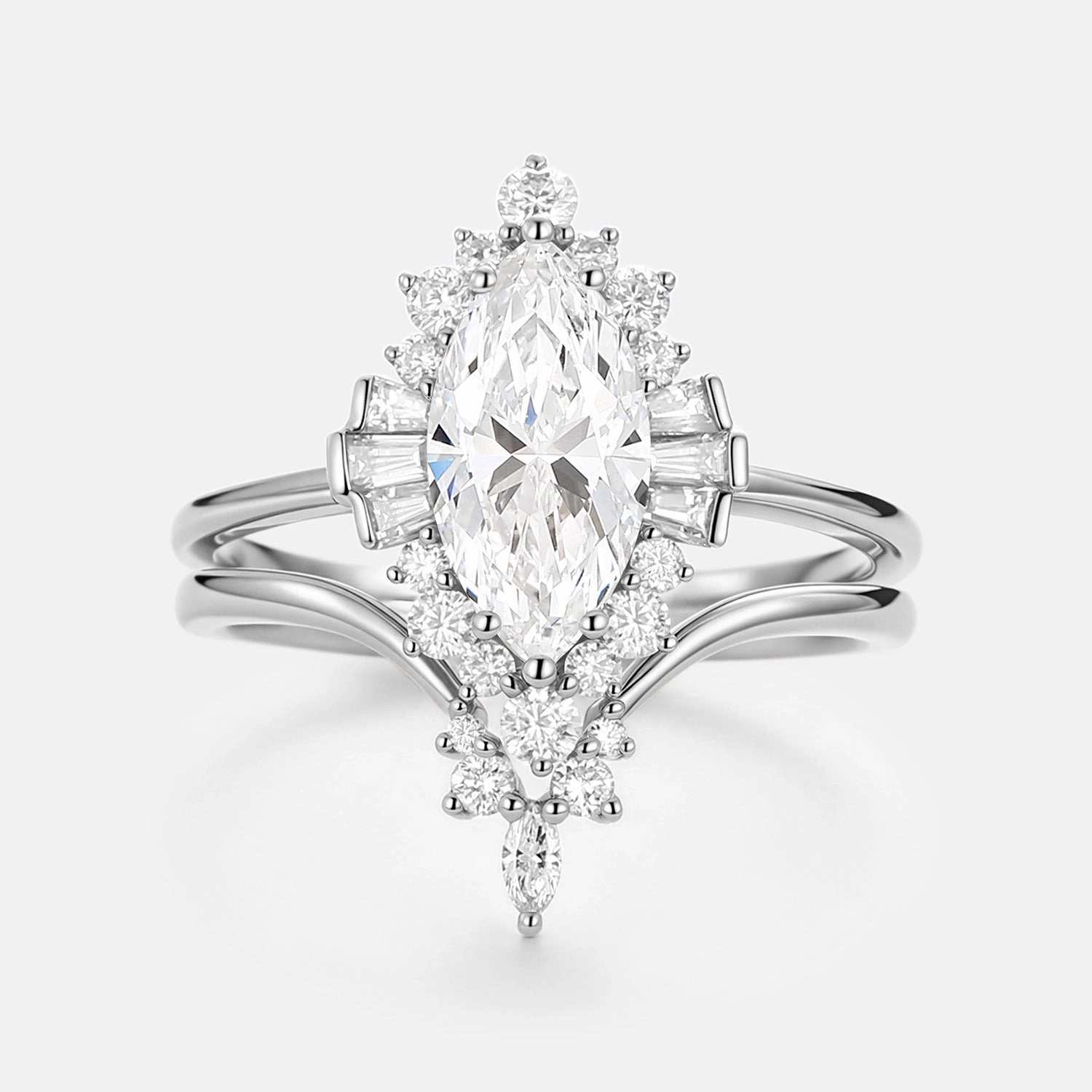 Marquise Cut Lab Grown Diamond Art Deco Engagement Ring Sets 2pcs Light Feature