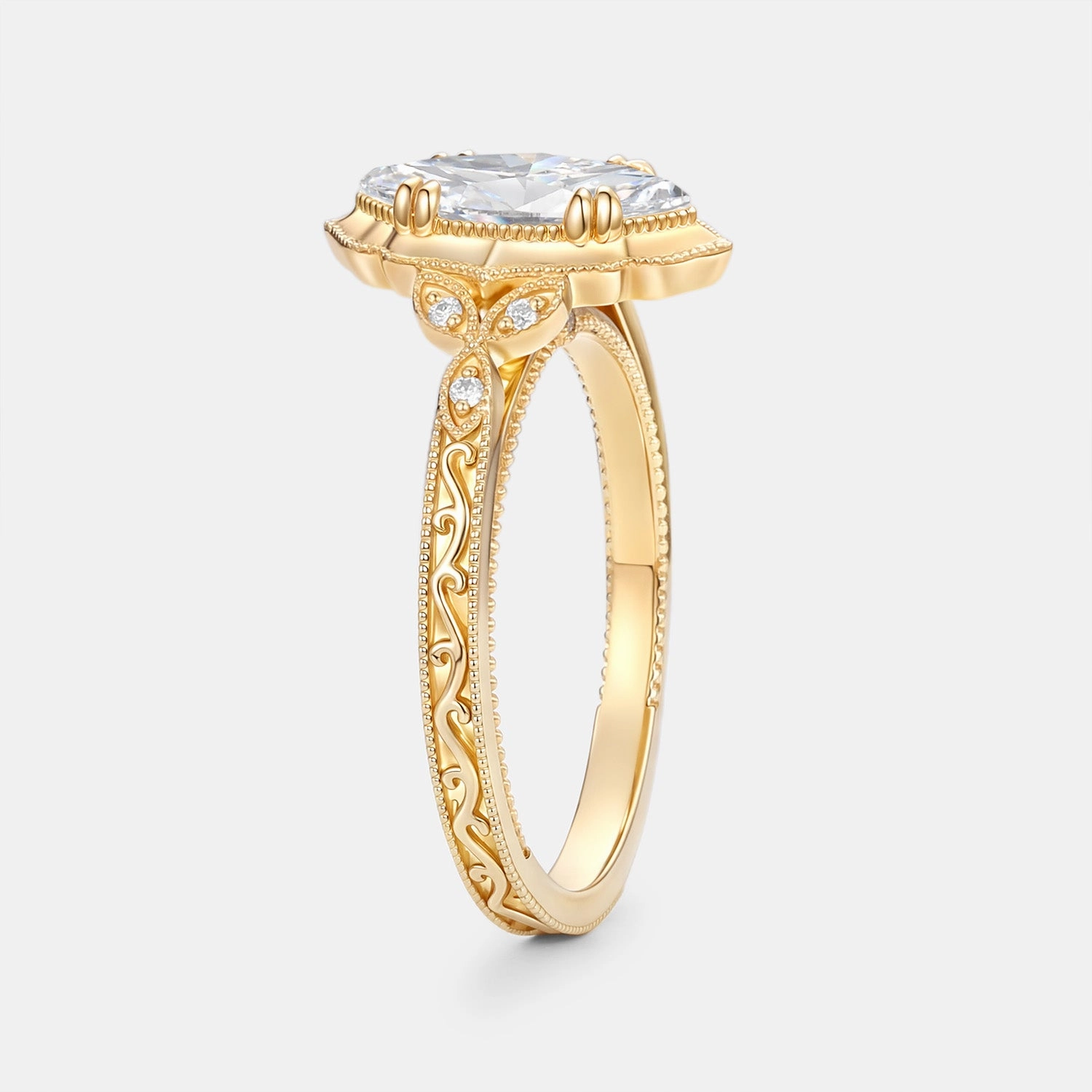 Sleek Piece Marquise Cut Lab Grown Diamond Engraved Engagement Ring - Eclat