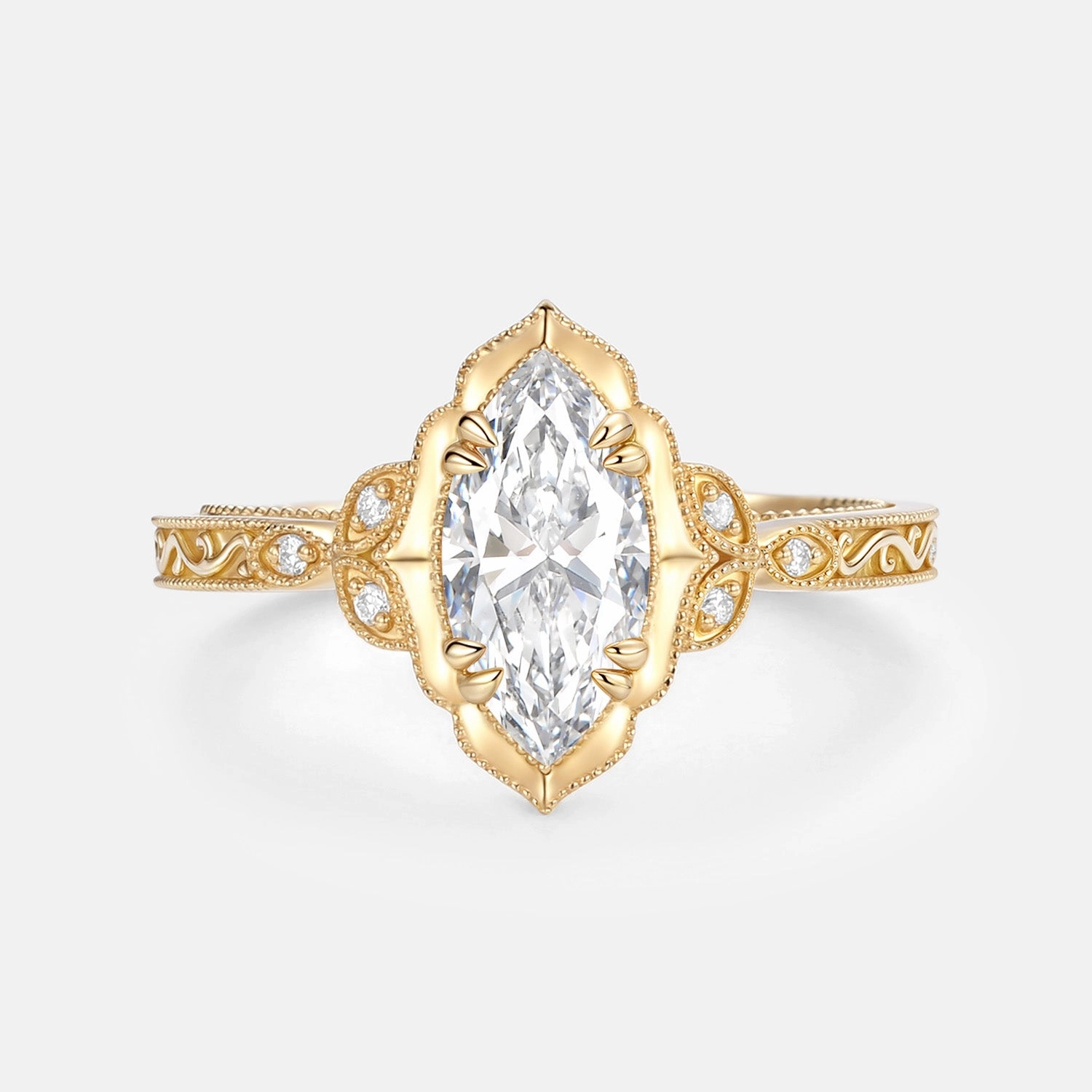 Marquise Cut Lab Grown Diamond Engraved Engagement Ring - Eclat Feminine Finish Vibrant Jewelry Design
