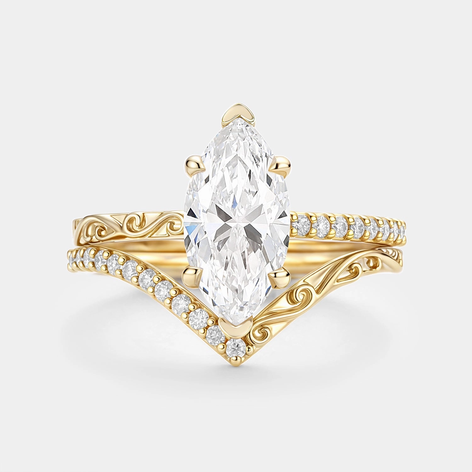 Brilliant Touch Marquise Cut Lab Grown Diamond Engraved Engagement Ring Sets 2pcs - Lina