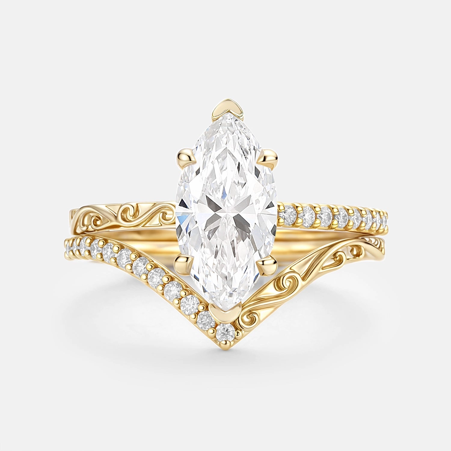 Chic Edge Layered Accent Marquise Cut Lab Grown Diamond Engraved Engagement Ring Sets 2pcs - Lina