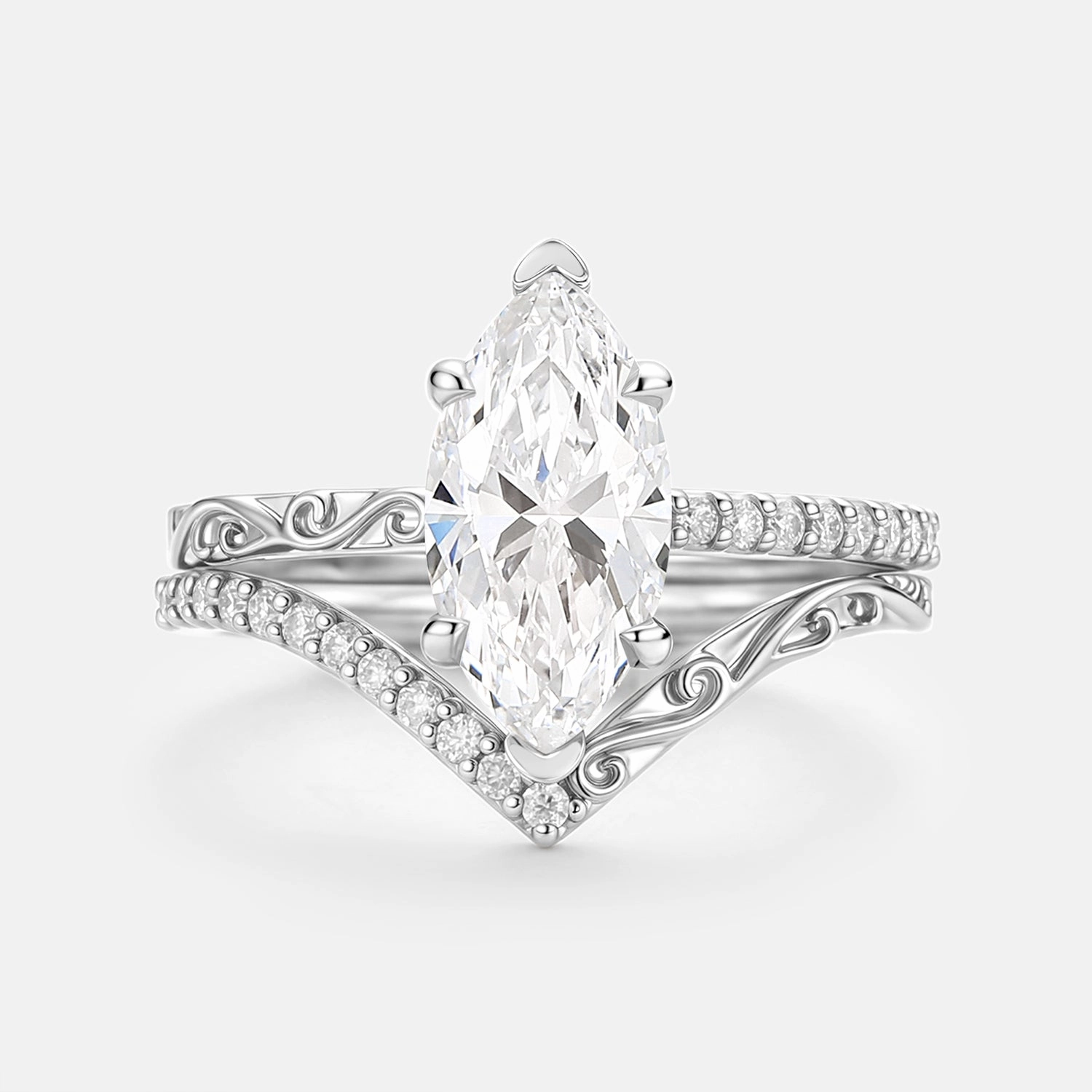 Marquise Cut Lab Grown Diamond Engraved Engagement Ring Sets 2pcs - Lina Classic Layer
