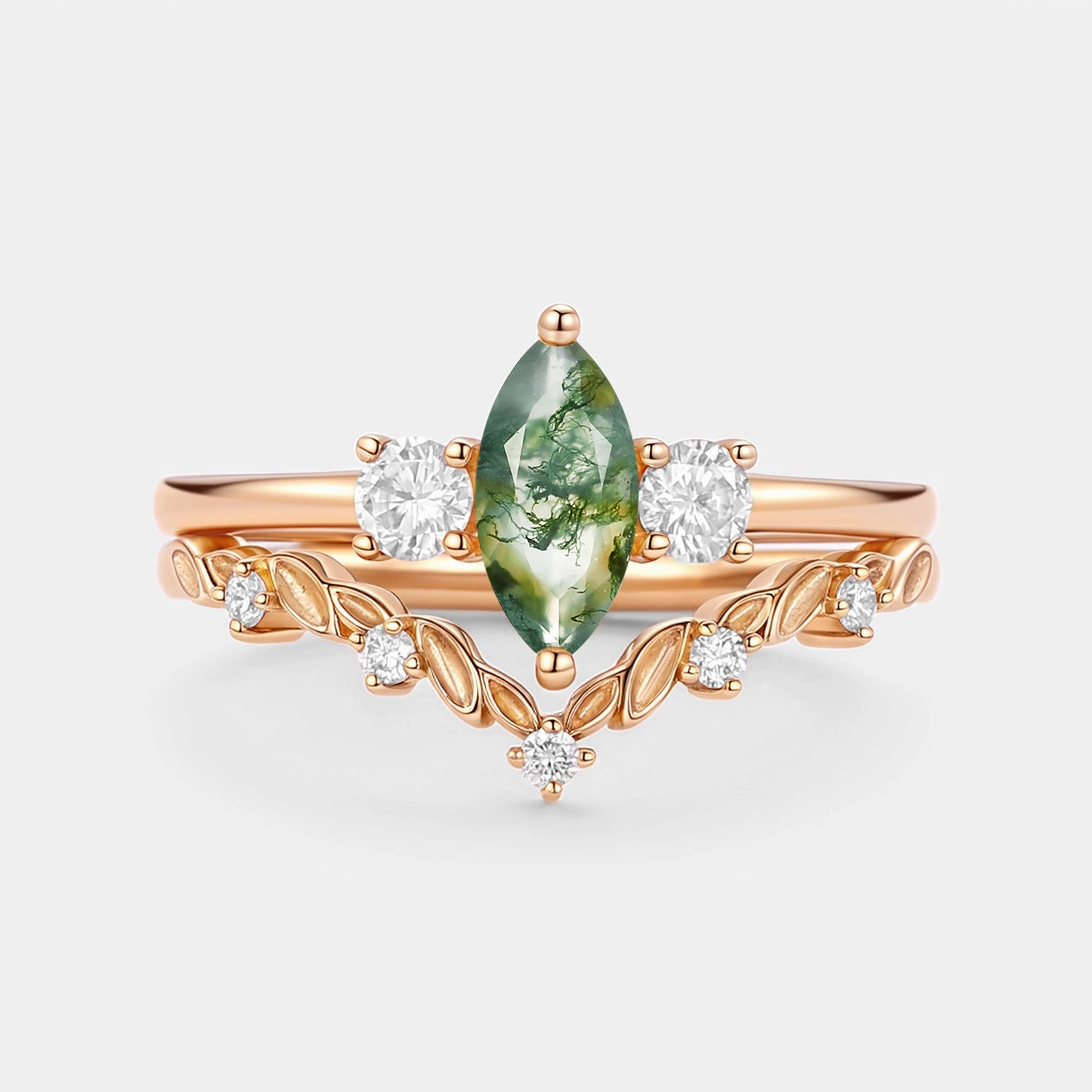 Luxury Contour Handmade Statement Marquise Cut Moss Agate Leafy Engagement Ring Sets 2pcs - Penny