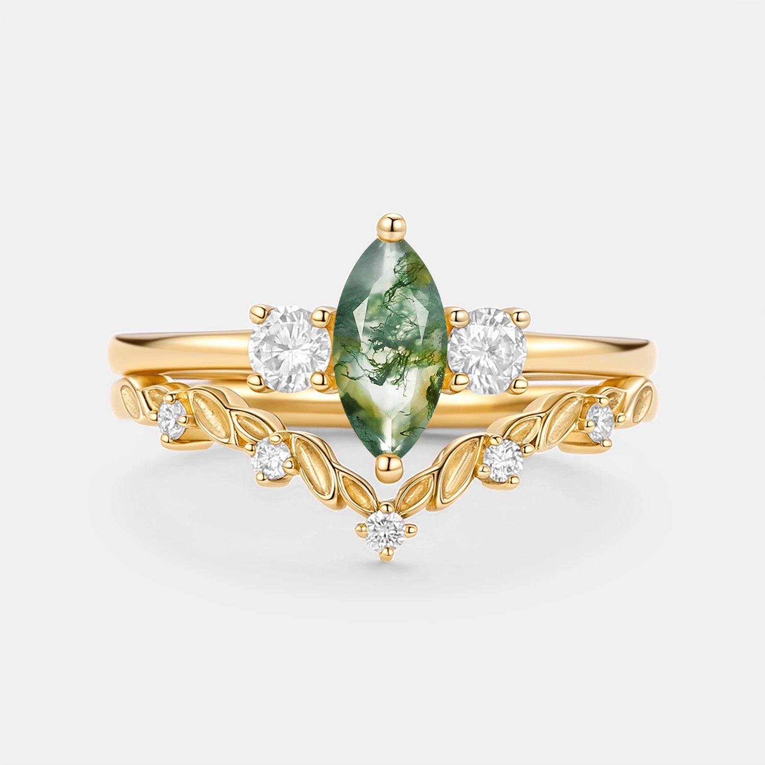 Luxurious Style Marquise Cut Moss Agate Leafy Engagement Ring Sets 2pcs - Penny