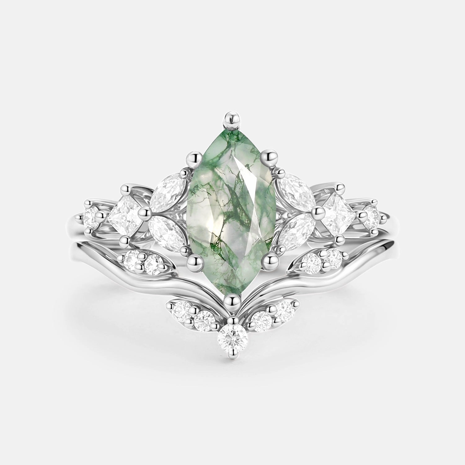 Marquise Cut Moss Agate Leafy Engagement Ring Sets 2pcs - Verger Flawless Cut Elegant Statement