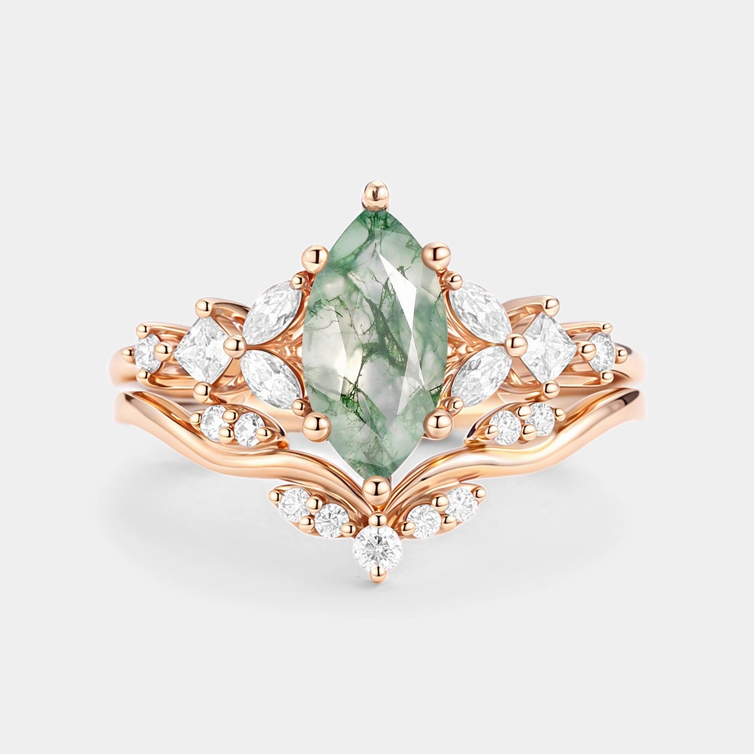Marquise Cut Moss Agate Leafy Engagement Ring Sets 2pcs - Verger Delicate Beauty Subtle Glamour