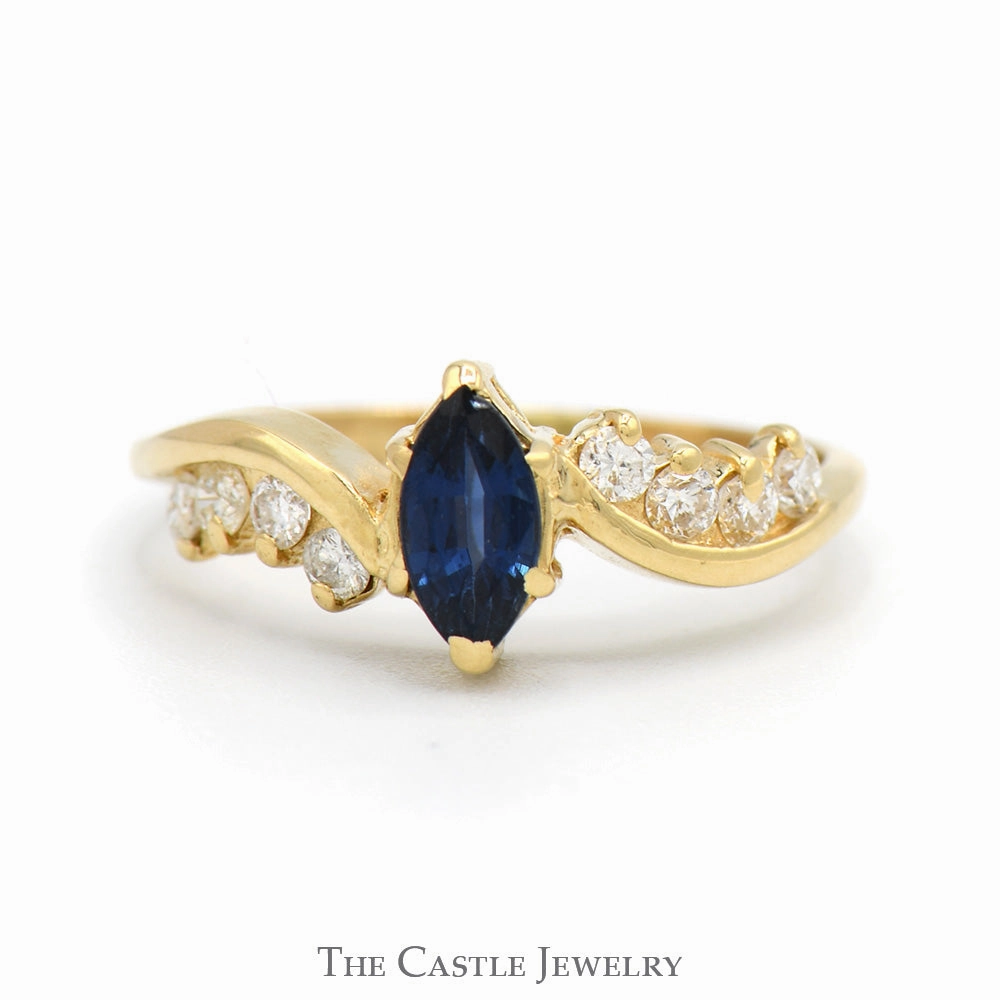 Marquise Cut Sapphire Solitaire Ring with Diamond Accented Curved Sides in 14k Yellow Gold Sturdy Gift