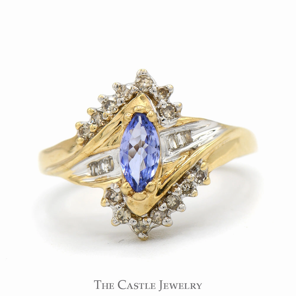 Marquise Cut Tanzanite Ring with Diamond Accents in 10k Yellow Gold Sleek Design