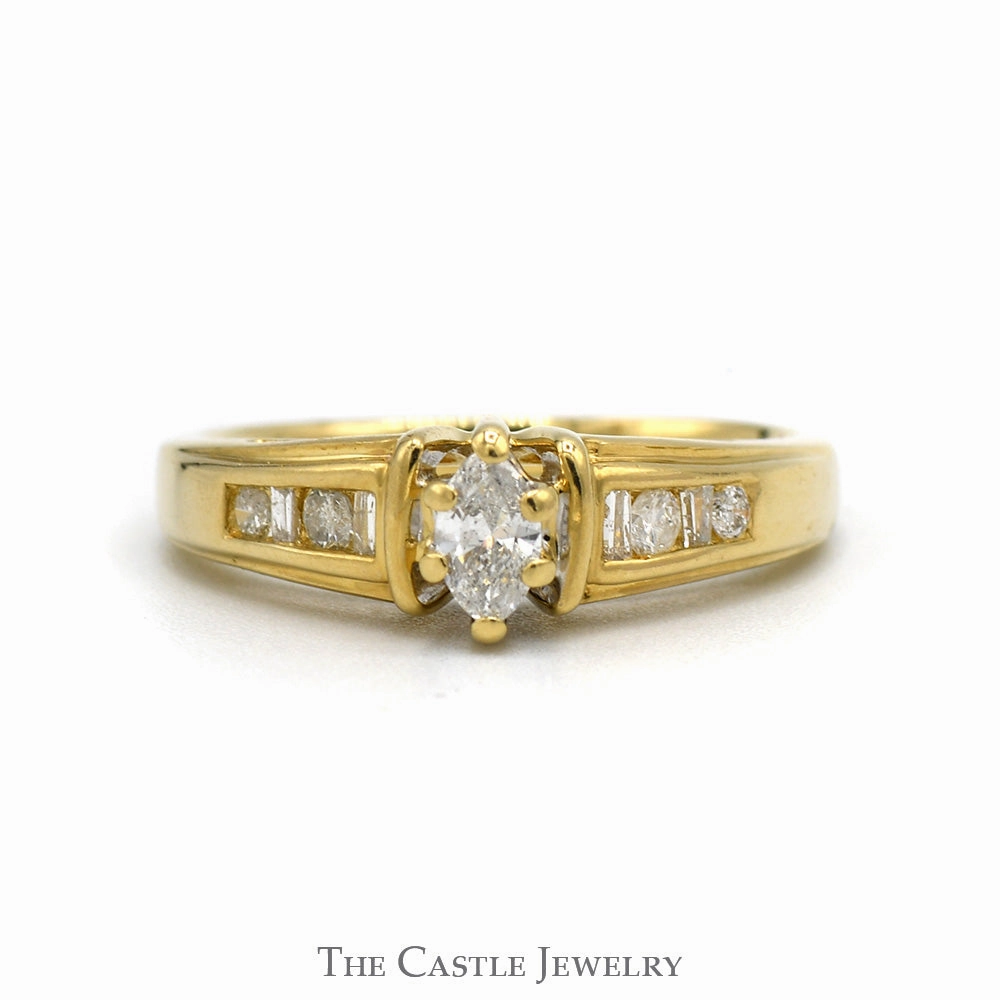 Hypoallergenic Piece Marquise Diamond Engagement Ring .20CT With .30CTTW Channel-Set Baguette Cut Diamonds In 14KT Yellow Gold