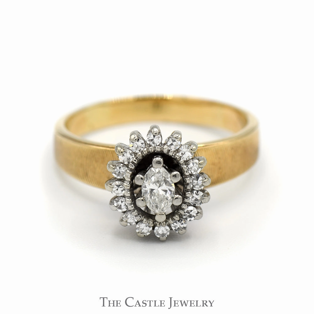 Marquise Diamond Solitaire with Oval Shaped Diamond Halo in 10k Yellow Gold Stylish Article Bridal Jewelry