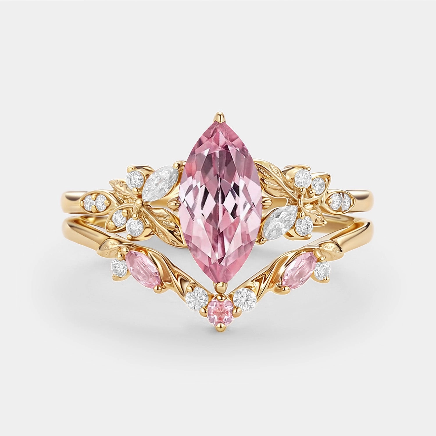 Precious Jewelry Sparkling Accent Marquise Lab Pink Sapphire Leafy Engagement Ring Sets 2pcs - Peony