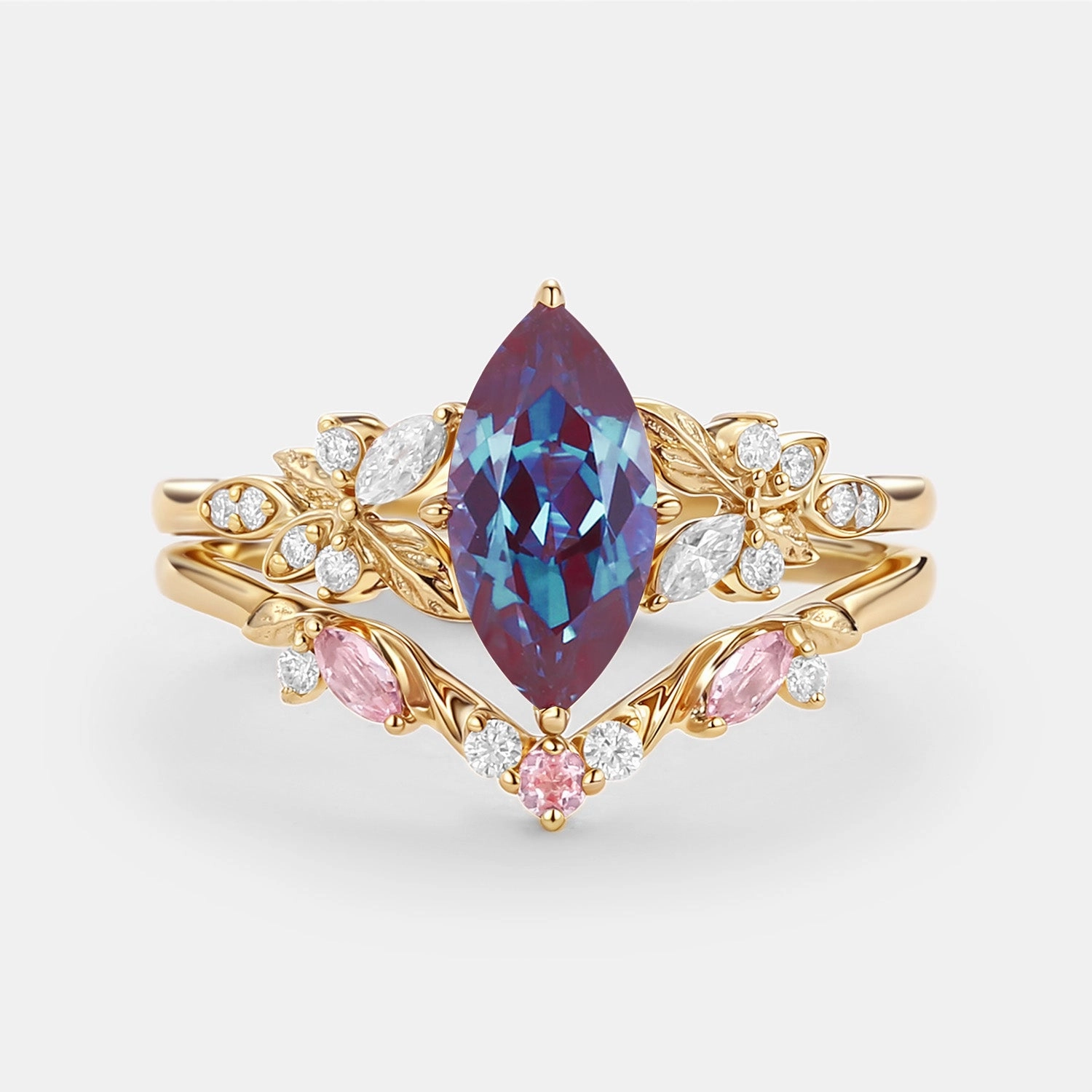 Polished Glam Zoom Focus Marquise Lab Pink Sapphire Leafy Engagement Ring Sets 2pcs - Peony