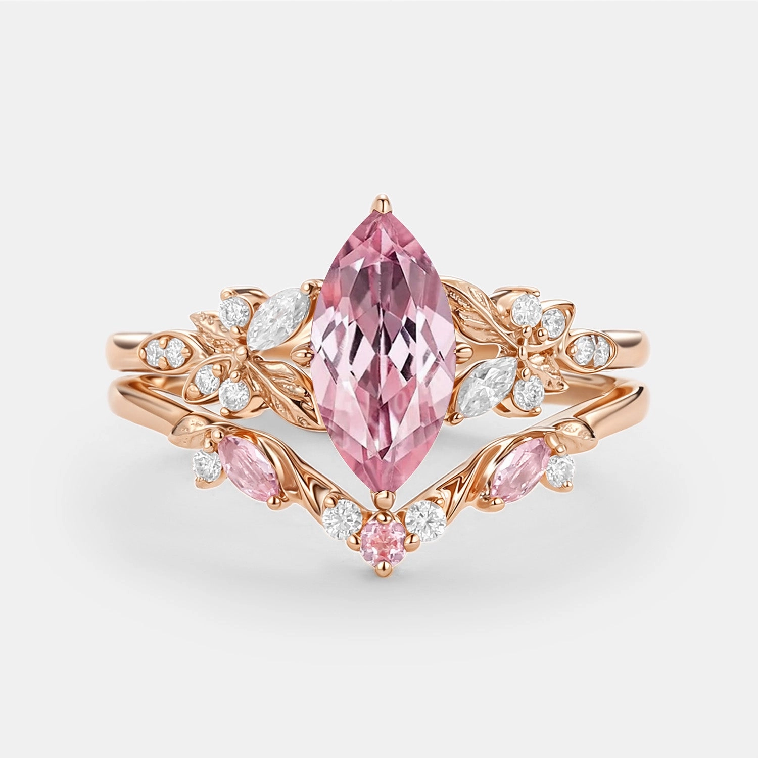 Marquise Lab Pink Sapphire Leafy Engagement Ring Sets 2pcs - Peony Multi Purpose