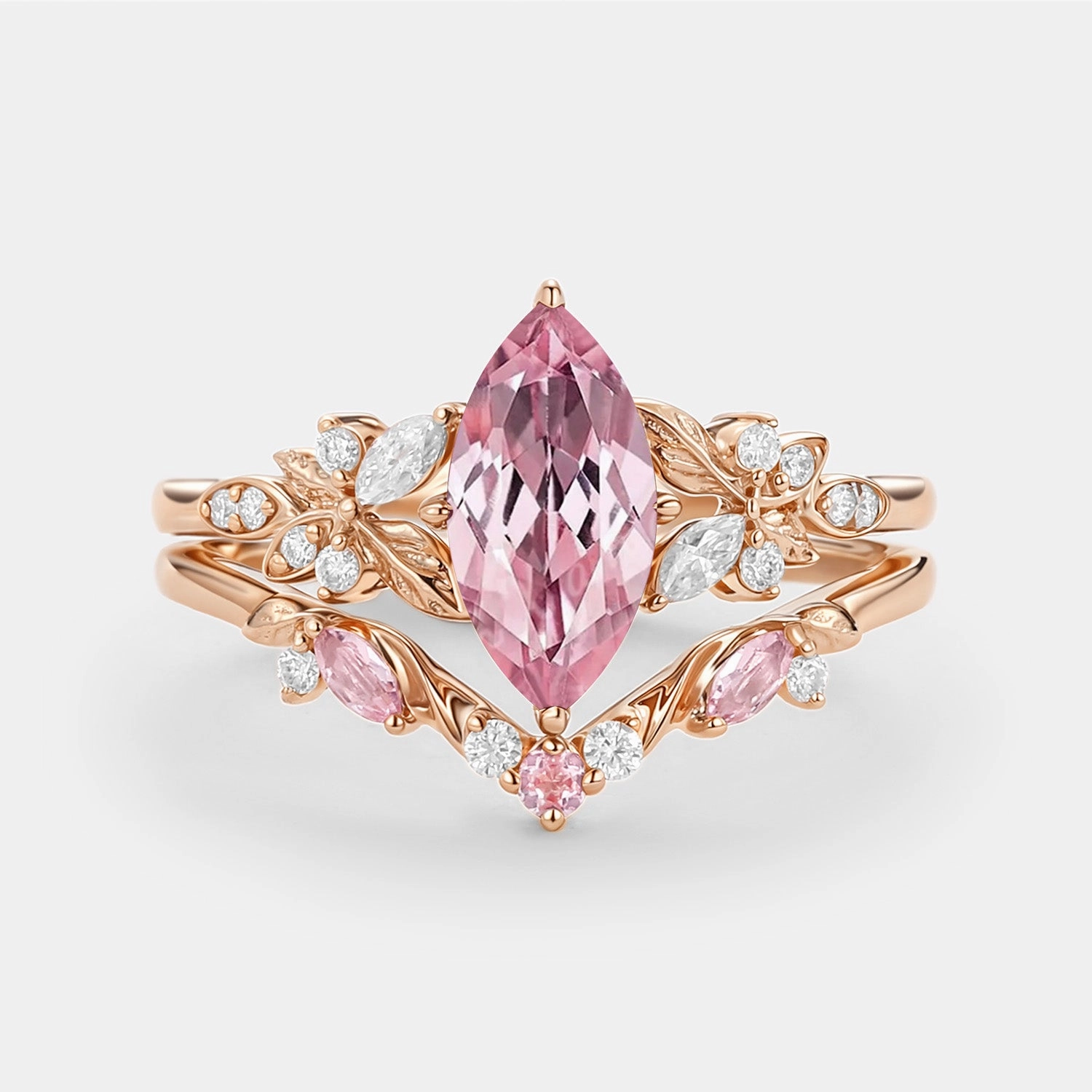 Marquise Lab Pink Sapphire Leafy Engagement Ring Sets 2pcs - Peony Style Essential Evening Outfit