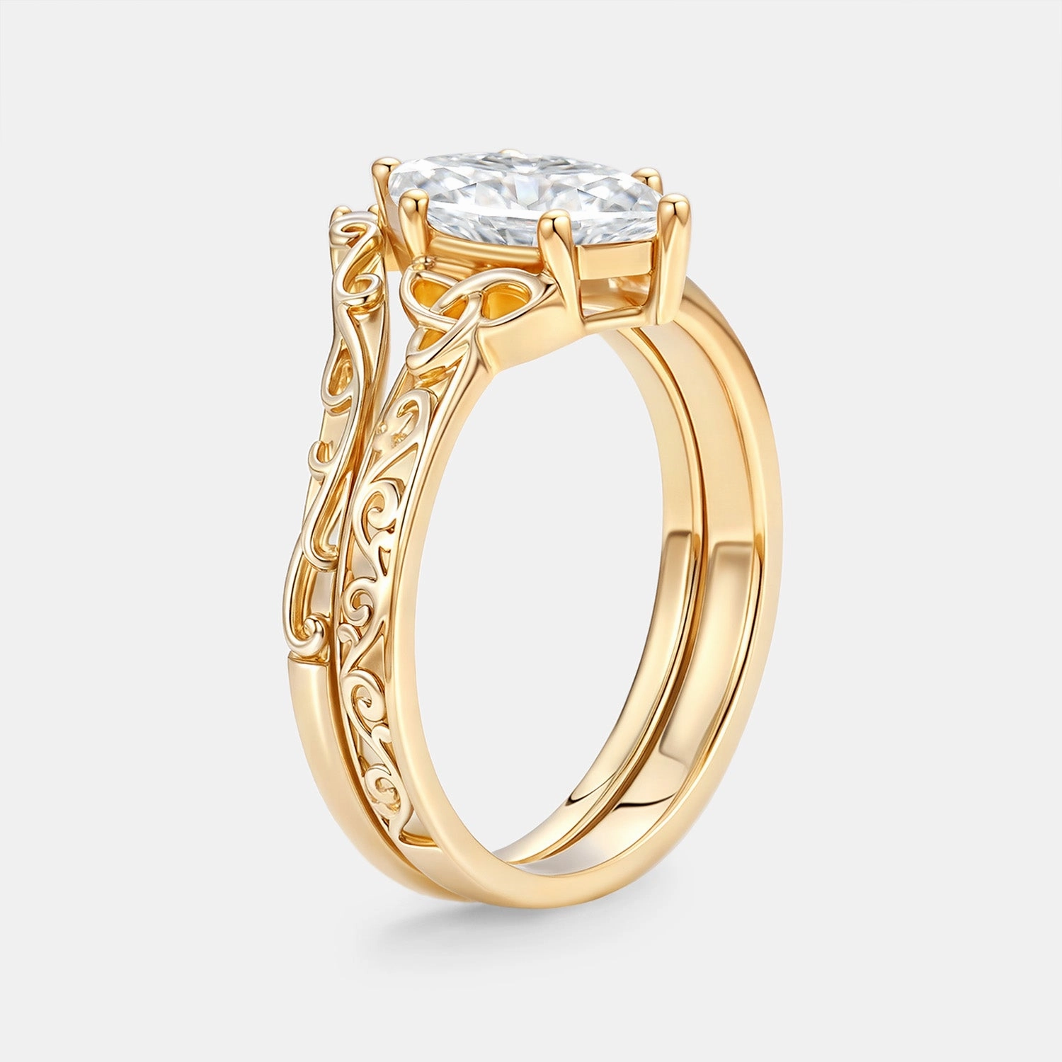 Marquise Moissanite Engraved Engagement Ring Set 2pcs - Willa Graceful Form Contemporary Accent