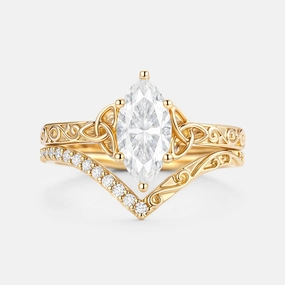 Marquise Moissanite Engraved Engagement Ring Set 2pcs - Willa Masculine Bold