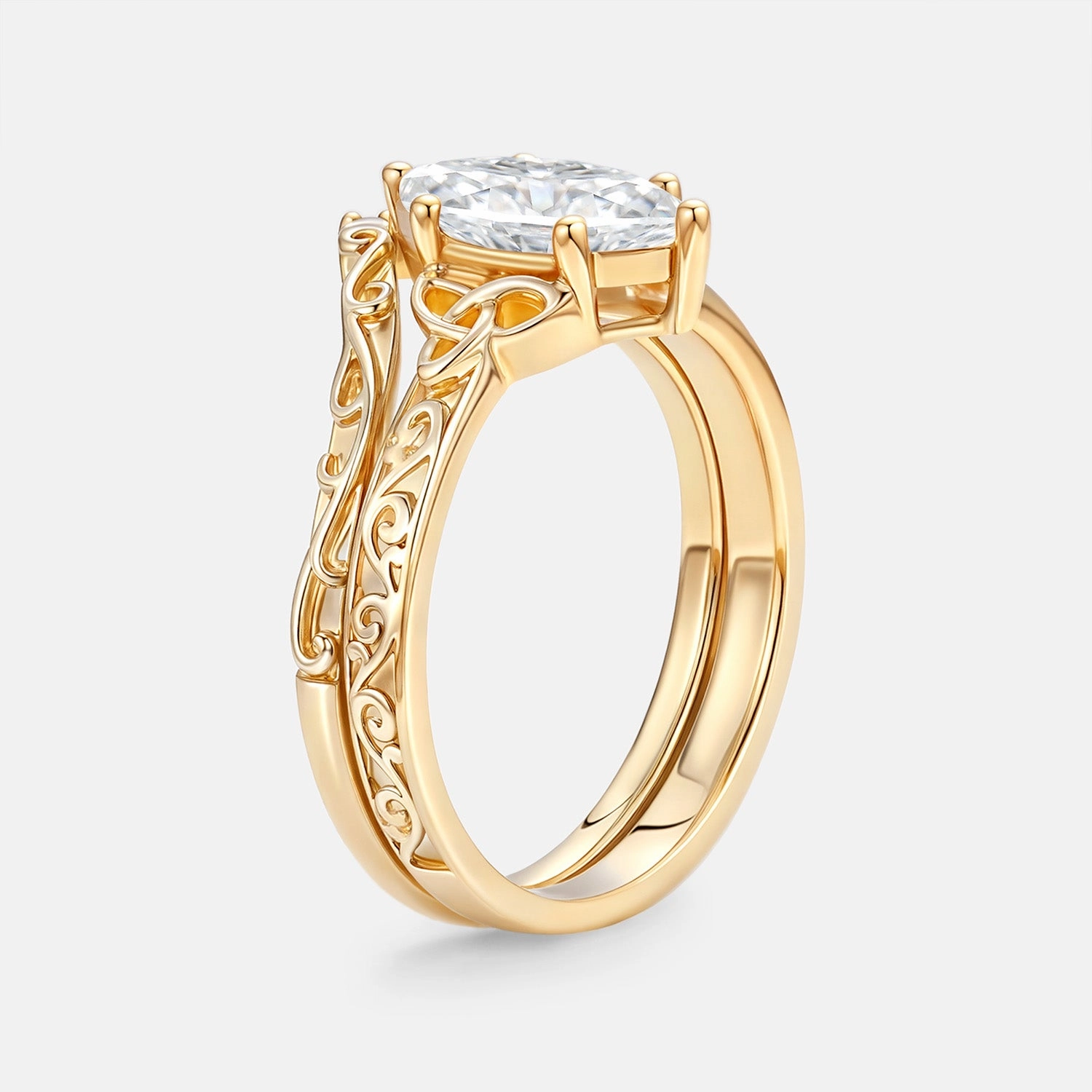 Timeless Look Design Marquise Moissanite Engraved Engagement Ring Set 2pcs - Willa