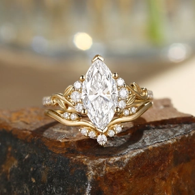 Marquise Moissanite Leafy Engagement Ring Sets 2pcs - Cometia Vintage Accent Luxurious Craft
