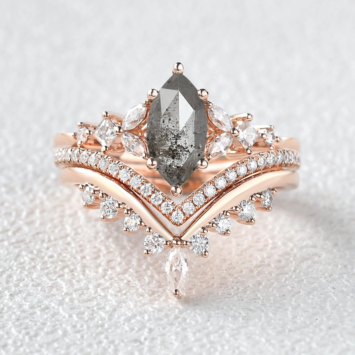 All Day Style Relaxed Look Marquise Salt and Pepper Diamond Engagement Ring Set 3pcs