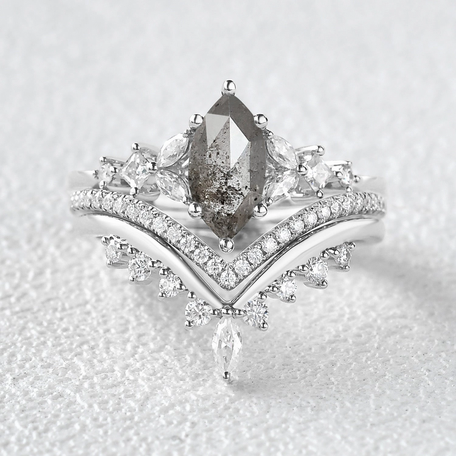 Golden Accent Marquise Salt and Pepper Diamond Engagement Ring Set 3pcs