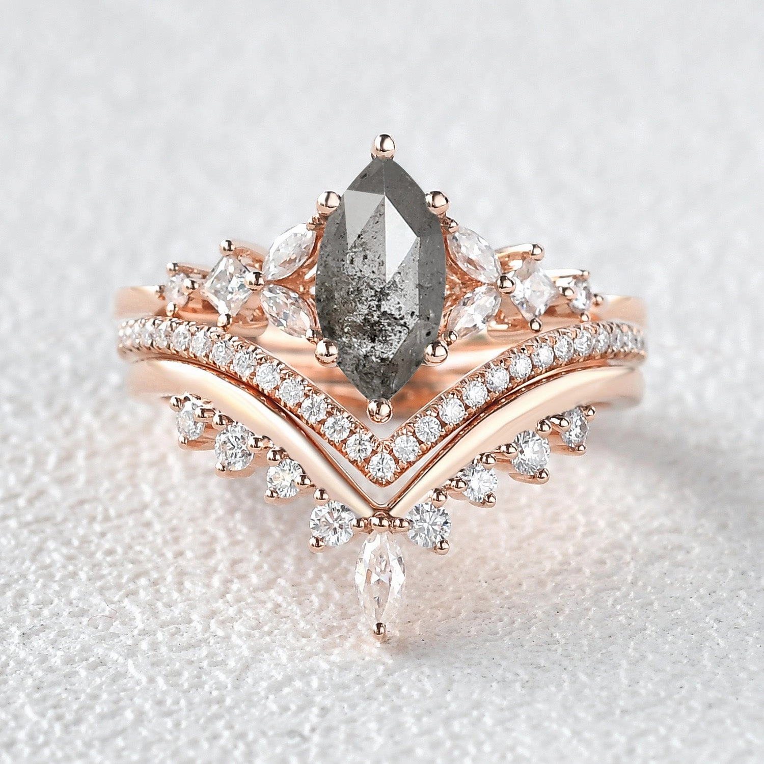Marquise Salt and Pepper Diamond Engagement Ring Set 3pcs Layer Look