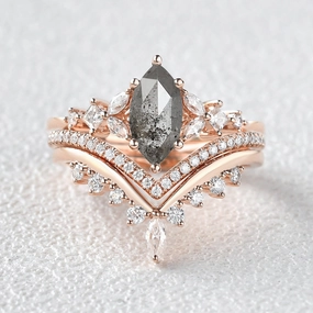 Marquise Salt and Pepper Diamond Engagement Ring Set 3pcs Layer Look